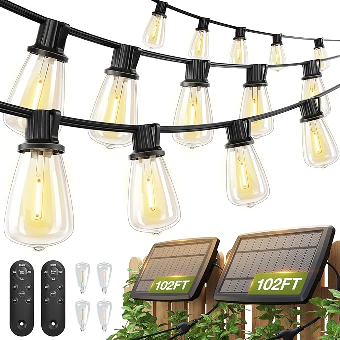 addlon 2 Pack*102FT(96+6) Solar String Lights Waterproof, Patio Lights Solar Powered with Remote & USB Port, 3 Lighting Modes 60+4 LED Shatterproof Bulbs Outdoor Light for Camping Backyard Garden-Ruum Studio Home