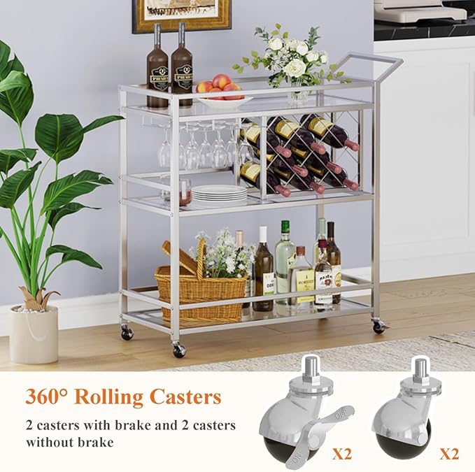 FATORRI Bar Cart Silver, Bar Carts for The Home, Home Bar Serving Carts for Liquor, Rolling Wine Cart with 3 Tier Mirrored Shelves on Wheels for Alcohol and Beverage (Silver)-Ruum Studio Home
