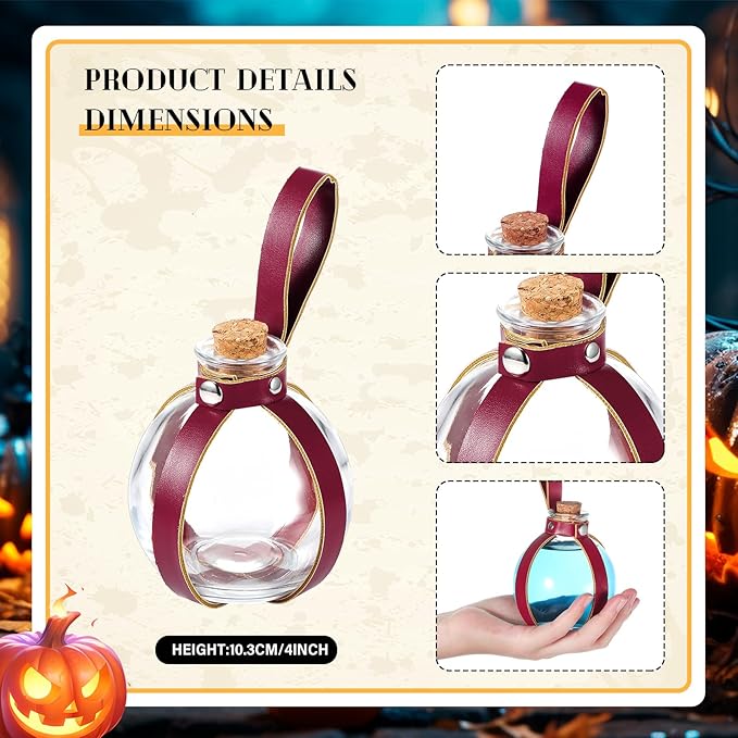 Boao Potion Bottles with Cork Set Dark Magic Cork Round Potion Bottle with Leather Belt Clear Glass Large for Halloween Costume Props DIY Crafts Decorative, 200 ml(Claret)-Ruum Studio Home