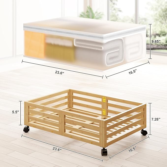 Under Bed Storage with Wheels-Large Bamboo Underbed storage Containers with Large Dust Bag Stackable Under the Bed Shoe Storage Bins for Clothes Books Bedding (2 Packs Nature, 23.62"L×16.54"W× 6.51"H)-Ruum Studio Home