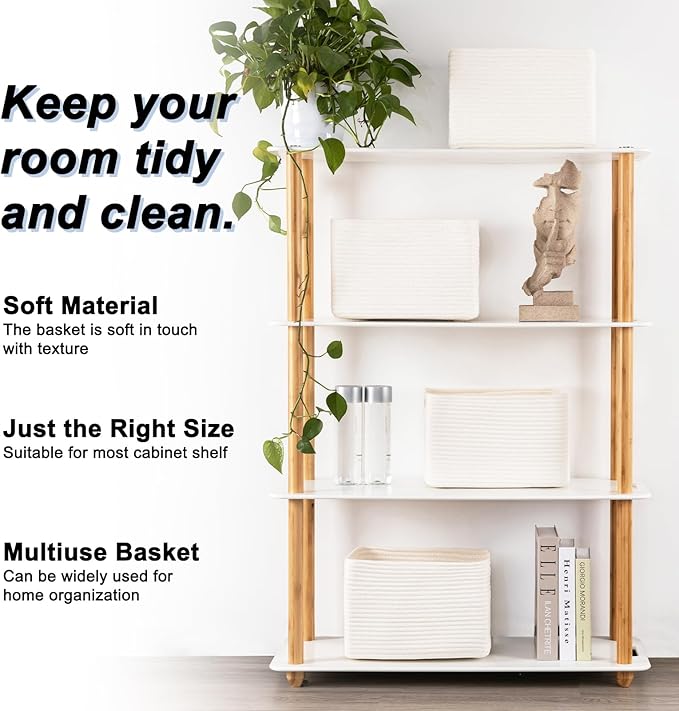 4 Pack Storage Baskets for Organizing, Woven Baskets for Shelves - Perfect for Toys, Books, Towels, and Clothes, Durable Gift Basket Bins Toy Storage, 12.7''L x9''W x7.8''H, White-Ruum Studio Home