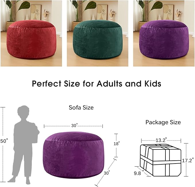 Bean Bag Chairs for Kids - Memory Foam Furniture BeanBag Chair - Kids/Teens Sofa with Soft Micro Fiber Cover - Round Fluffy Couch for Living Room Bedroom College Dorm - 2.5 ft, Purple-Ruum Studio Home