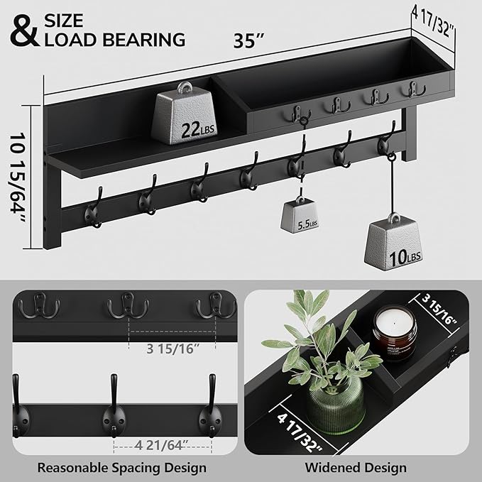 AMBIRD 35 inch Wall Hooks with Shelf, Coat Rack Wall Mount, Large Coat Hanger for Wall, Entryway Shelf with 7 Dual Coat Hooks, 4 Key Hooks and Mail Organizer, Wooden Key Holder Rack (Black)-Ruum Studio Home