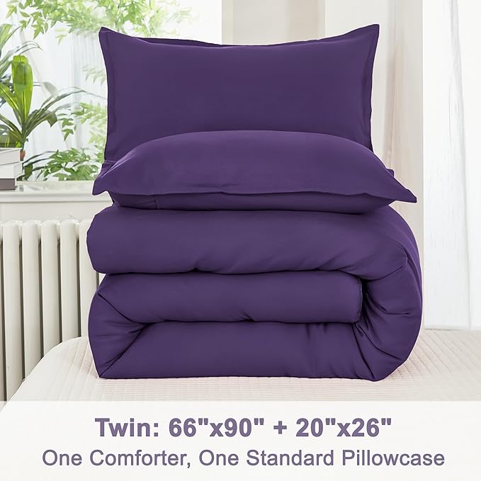 Litanika Purple Comforter Set Twin/Twin XL Size, 2 Pieces Lightweight Solid Bedding Comforter Set, All Season Fluffy Bed Set (66x90In Comforter & 1 Pillowcase)-Ruum Studio Home