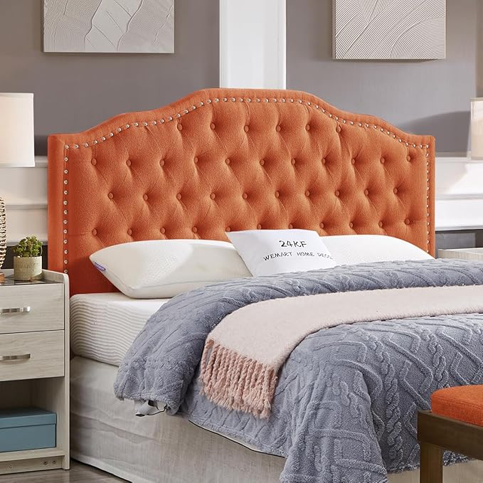 24KF Upholstered Button Tufted Queen Headboard with Nailhead Trim, Elegant Boucle Fabric Full headboard, 6031-Q-Boucle-Orange-Ruum Studio Home