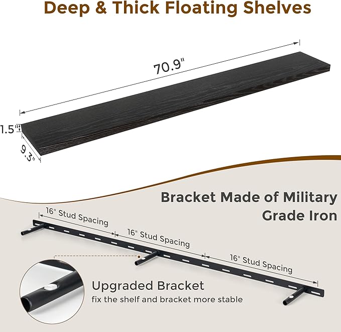 72 Inch Floating Shelves Black, 72 x 9 Rustic Wooden Fireplace Mantel, 9 Inch Floating Shelf for Wall, Farmhouse Wall Shelves for Home Storage & Display-Ruum Studio Home