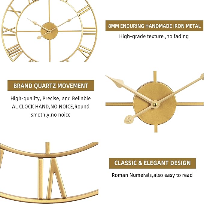 Large Wall Clock for Living Room Decor - 60cm/ 24 Inches Silent Non-Ticking Metal Wall Clocks Battery Operated, Vintage Decorative Modern Wall Clock for Bedroom, Office, Farmhouse Decor-Ruum Studio Home