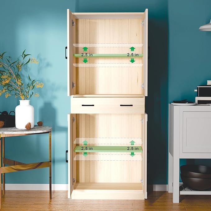 71" Tall Oak & Rattan Pantry Cabinet - Boho Chic Kitchen Storage with Doors & Drawer for Dining Room, Hallway or Kitchen Organization-Ruum Studio Home