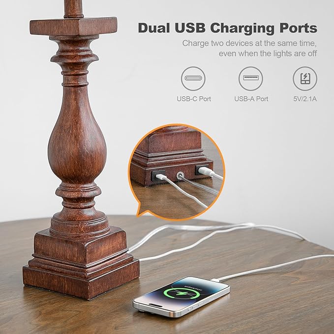 BOBOMOMO 27" Farmhouse Living Room Lamps with USB-A +C Ports, Vintage Rustic Bedside Night Stand Lamps Set of 2, Linen Shade, Retro Side Table Lamps for Living Room, Bedroom, Office, Home Decor-Ruum Studio Home