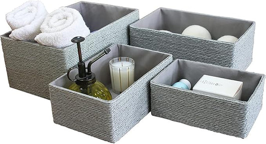 LA JOLIE MUSE Storage Baskets Set 4 - Stackable Woven Basket Paper Rope Bin, Storage Boxes for Makeup Closet Bathroom Bedroom (Gray)-Ruum Studio Home