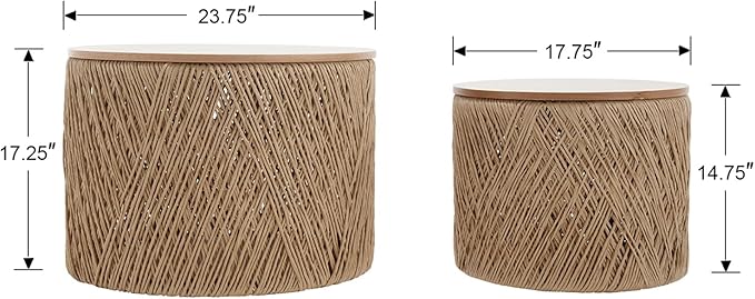 Nesting Coffee Table Set of 2, Natural Round Wooden Coffee Tables Rustic Woven Circle Side/Sofa Table for Small Space Living Room Bedroom Apartment No Assembly Required-Ruum Studio Home