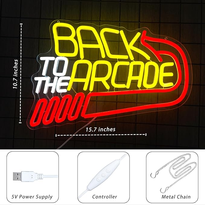 Retro Arcade Neon Sign Large Back to the Arcade Neon Light Dimmable Gamer Neon Signs for Wall Decor USB Powered Vintage Gaming Signs for Bar Game Room Man Cave(15.7 * 10.7inch)-Ruum Studio Home