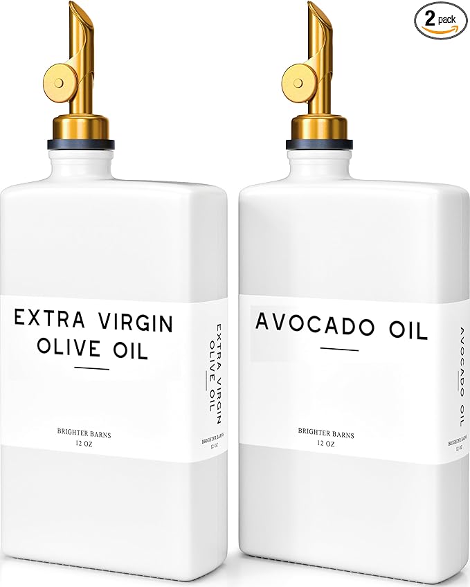 White Glass Olive Oil Dispenser Bottle for Kitchen by Brighter Barns - Avocado Oil Dispenser Set, Vanilla Syrup Bottle - Modern Decor, Gold Kitchen Accessories for Home, Airbnb, Cafe (White, Set of 2)-Ruum Studio Home