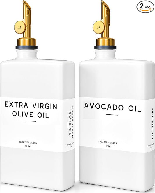 White Glass Olive Oil Dispenser Bottle for Kitchen by Brighter Barns - Avocado Oil Dispenser Set, Vanilla Syrup Bottle - Modern Decor, Gold Kitchen Accessories for Home, Airbnb, Cafe (White, Set of 2)-Ruum Studio Home