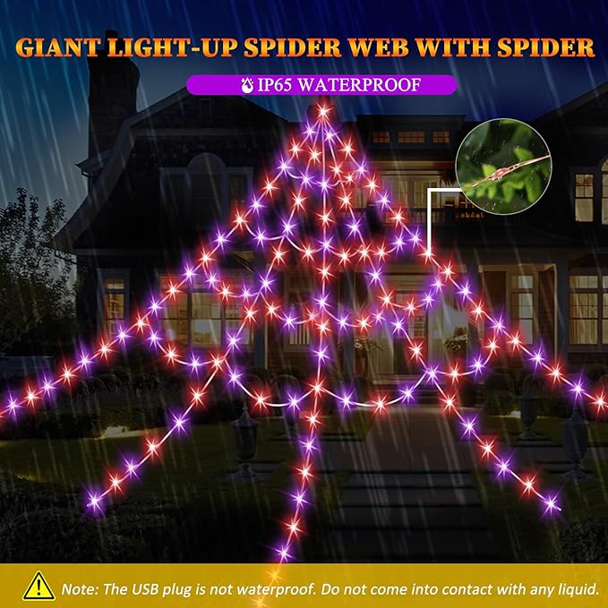 Halloween Spider Web Lights 550 LED Lighted Spider Web 16.4Ft Giant Halloween Decorations Light up with 8 Lighting Modes Waterproof & Timer for Indoor Outdoor House Haunted Yard Decor, Orange & Purple-Ruum Studio Home