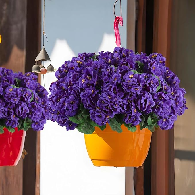 Hananona 12 Pcs Artificial Geranium Flowers for Outdoors Silk Purple Geranium Flowers Outdoor UV Resistant Plants Faux Flower for Home Kitchen Table Centerpieces Front Door Patio Decor (12, Purple)-Ruum Studio Home