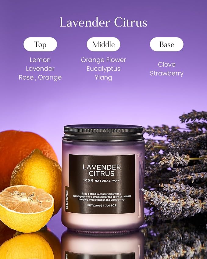 M&SENSE Lavender Citrus Scented Candle, Natural Soy Wax for Home Scented, Stress Relief 7.05oz 50H Burn Time Aromatherapy Candle Gift for Mom Friends Teacher & Spa Bath Yoga-Ruum Studio Home