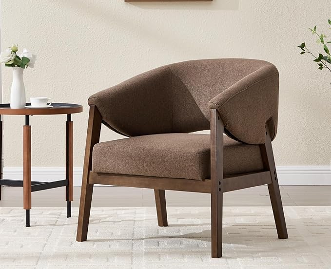 Mid-Century Modern Accent Chairs Set of 2, Comfy Barrel Armchairs with Wide Seat, Upholstered Lounge Chairs with Walnut Wood Legs for Living Room/Bedroom/Reading Corner, Linen Fabric, Brown-Ruum Studio Home