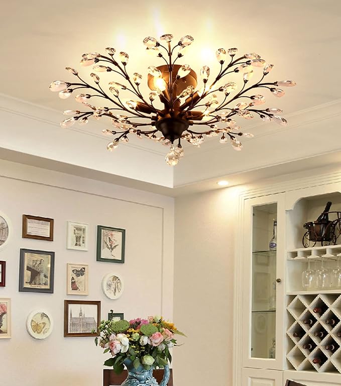 Ganeed Crystal Ceiling Light,Vintage Chandelier, Modern Elegant K9 Crystal Glass Chandelier Flush Mount Ceiling Lighting Fixture for Living Room Bedroom Restaurant Porch- Matte Black - 5 Lights-Ruum Studio Home