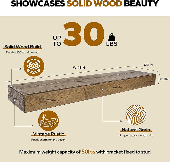 Floating Shelves 3 inch Thick for Wall Set of 2,Solid Pine Wood Wall Mount Shelf for Kitchen Living Room Bedroom Bathroom,8" D x 48" L x 3" H-Distressed Black Walnut-Ruum Studio Home