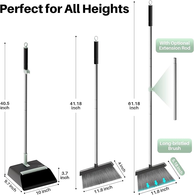 JOYMOOP Black Broom and Dustpan Set with 56” Handle, Upright Angle Design for Pet Hair and Hard Floor Sweeping-Ruum Studio Home