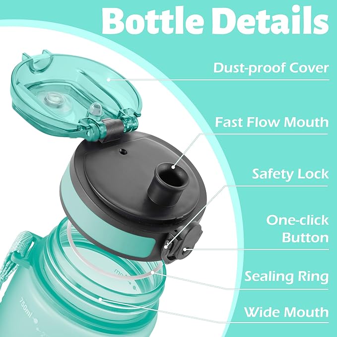 OLDLEY 25 oz Water Bottle, Motivational Water Bottle with Time Marker, Sports Water Bottle With Strap, Leakproof & BPA Free Large Water Bottles for School, Gym, Travel, Outdoor, Tritan,Green-Ruum Studio Home