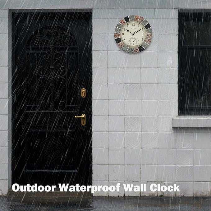 eYotto 10 Inch Small Indoor/Outdoor Waterproof Wall Clock with Thermometer Silent Non-Ticking Battery Operated Wall Clocks Weatherproof for Patio, Pool, Garden, Lanai, Fence, Porch, Deck, Bathroom-Ruum Studio Home