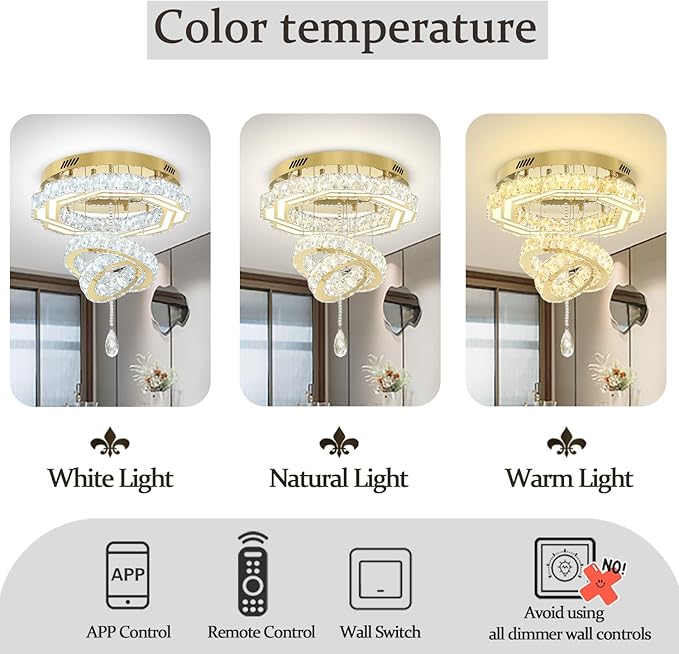 Flashing God 20" Crystal Chandelier Crystal LED Flush Mount Chandeliers for Living Room Bedrooms Dining Room Modern Gold Chandelier Lighting Dimmable 2700k 4500k 6000k-Ruum Studio Home