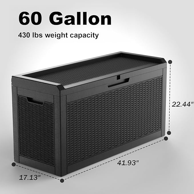 Vixzen 60 Gallon Outdoor Deck Box,Lockable Resin Waterproof Storage Box,UV Resistant,Weather Resistance,Outside Storage Bin for Gardening Tools,Pool Supplies,Black-Ruum Studio Home