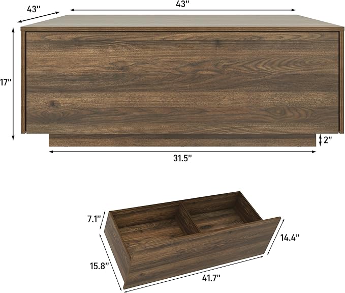 43” Square Coffee Table with Storage, Modern Large Square Center Table with 2 Drawers, Wood Coffee Table for Living Room, Walnut-Ruum Studio Home