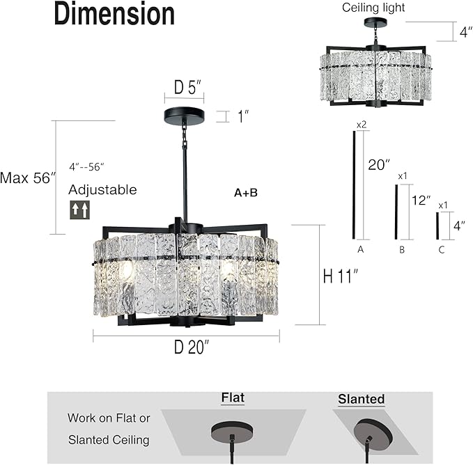 IKK Modern Black Crystal Chandeliers for Dining Room, Luxury Water Ripple Glass Light Fixture, Elegant Farmhouse Round Lighting for Kitchen Island, Bar Table, D20-Ruum Studio Home