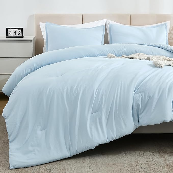 Litanika Comforters Light Blue Queen Size, 3 Pieces Lightweight Solid Bedding Comforter Set, All Season Fluffy Bed Set (90x90In Comforter & 2 Pillowcases)-Ruum Studio Home