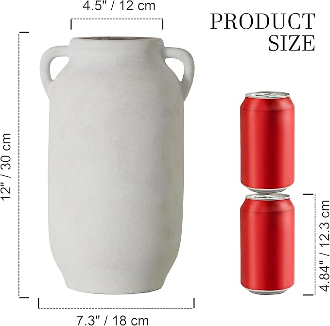 Large Flower Vase Home Decor - 12 inch Tall Ceramic Farmhouse White Rustic Table Vases with Handle Living Room Decoration Decorative Modern for Fireplace Kitchen-Ruum Studio Home