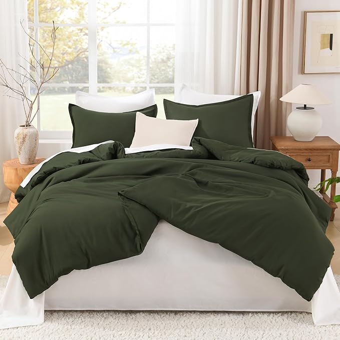 Litanika Comforters Olive Green Oversized Queen Size, 3 Pieces Lightweight Solid Bedding Comforter Set, All Season Fluffy Bed Set (98x98In Comforter & 2 Pillowcases)-Ruum Studio Home