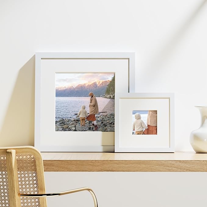 Vittanly 8x8 Picture Frames Set of 9, Shatter Resistant Plexiglass, Display 4x4 Pictures with Mat or 8x8 without Mat, Photo Frames for Wall Mount, Engineered Wood, White-Ruum Studio Home