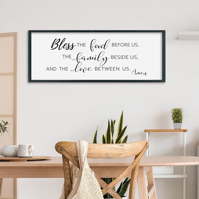 SRSZHIYUE Bless the Food Before Us Wall Sign Decor 32"×12" Christian Bible Verse for Farmhouse Rustic Kitchen Dining Room Framed Wood Scripture Religious Jesus Prayer Wall Art (Black)-Ruum Studio Home