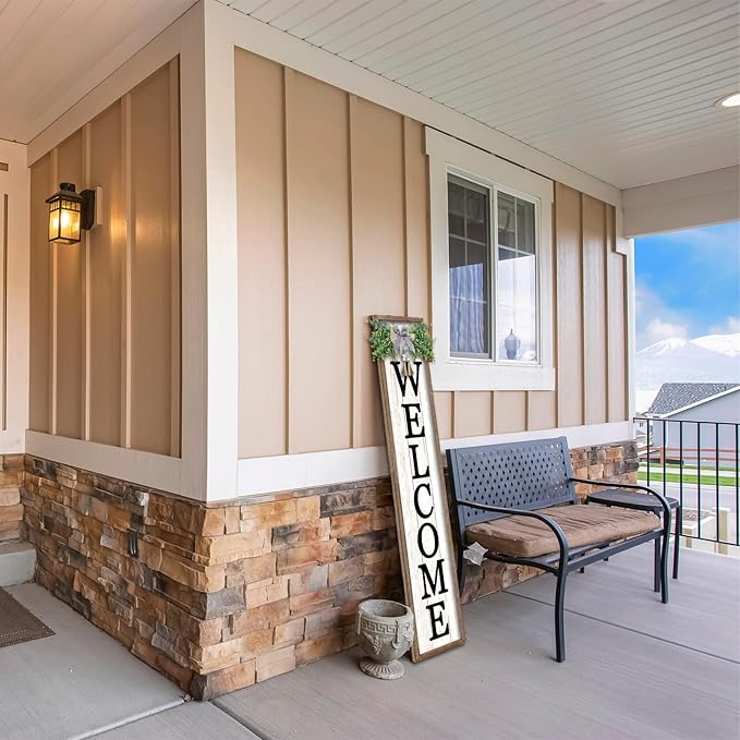Surfapans Welcome Sign for Front porch Standing 45"X9"Large Wood Frame Outdoor Tall Welcome Signs Vertical Decor for Farmhouse Rustic Home Modern Outside Front Door Wall Decorations (Wood White)-Ruum Studio Home