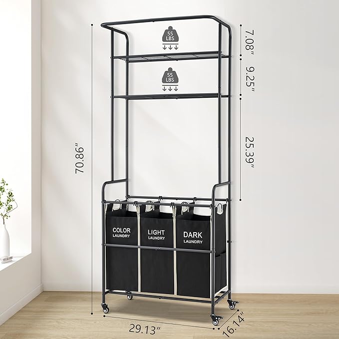 Laundry Sorter 3 Section,Laundry Hamper Cart with Hanging Rack & Removable Bags,Heavy Duty Laundry Basket with Wheels & 2 Tier Shelf,Space-Saving Laundry Basket Organizer for Laundry Room-Ruum Studio Home
