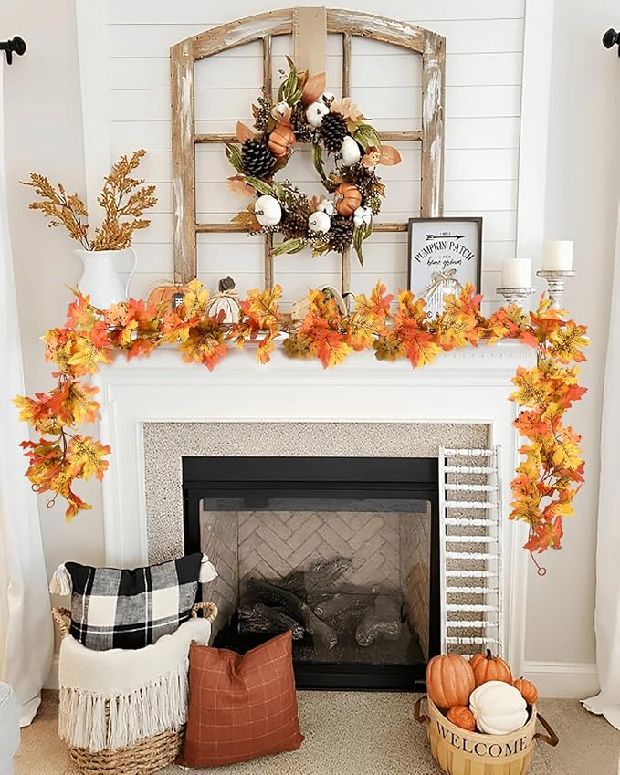 Lvydec 2 Pack Fall Maple Leaf Garland - 5.9ft/Piece Artificial Fall Foliage Garland Thanksgiving Decor for Home Wedding Party Christmas (Yellow)-Ruum Studio Home