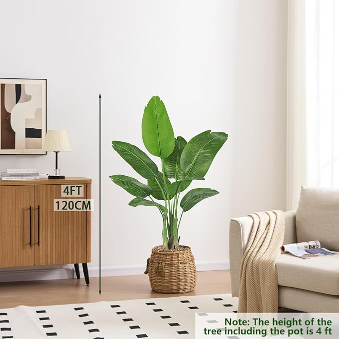 Lifelike Bird of Paradise Silk Artificial Plant Faux Banana Leaf Tree for Home Decor - Perfect Indoor Floor Plant with 9 Trunks (1, Black Planter, 4 FT)-Ruum Studio Home