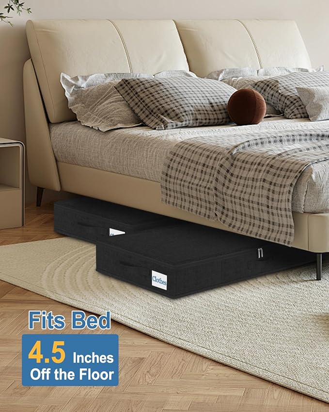 Cirhy Under Bed Storage Containers, 4.5 Inch Tall Low Profile Under Bed Storage with Sturdy Sidewalls & Bottom, UnderBed Storage for Clothes,Shoes, Pillow, Blankets Organizer, 2 Pack Black-Ruum Studio Home