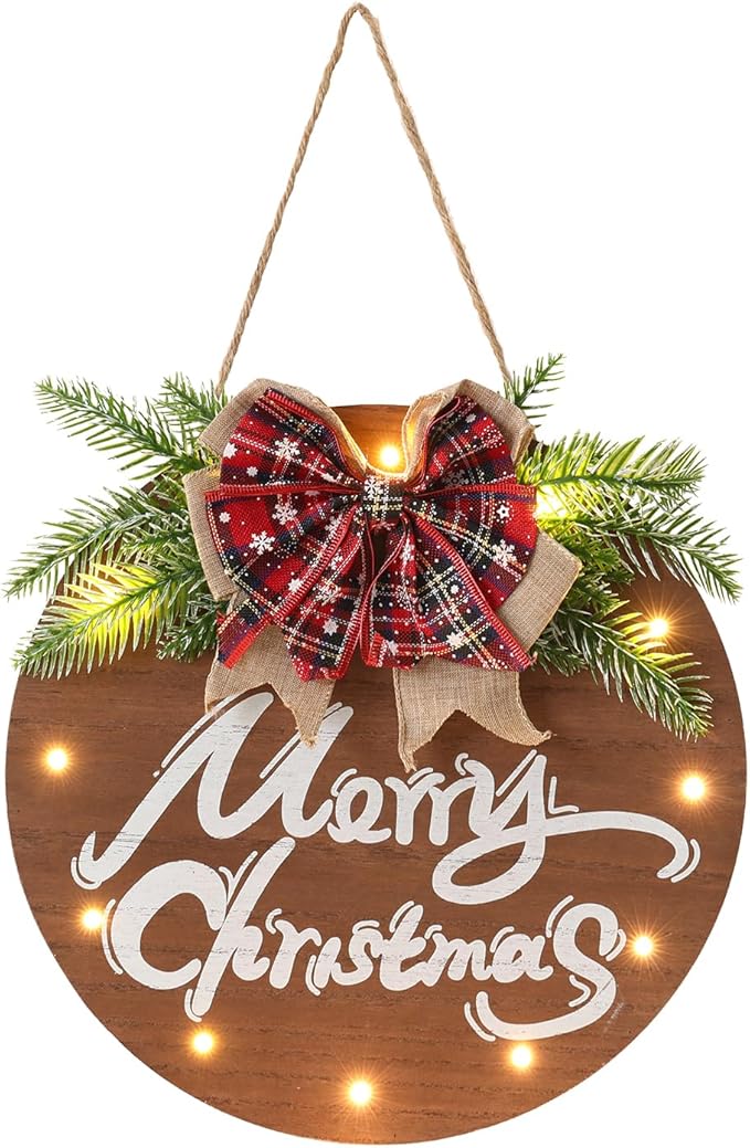 HOMCDALY Merry Christmas Sign for Front Door, Wooden Hanging Sign Door Decoration with 12 LED Light, Winter Welcome Wreath indoor outdoor Décor, Christmas Decoration.-Ruum Studio Home