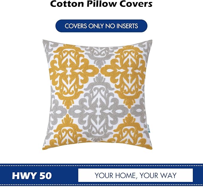 HWY 50 Mustard Yellow Decorative Throw Pillow Covers 18x18 Inch (1 Piece), Embroidered Cotton Farmhouse Cushion Cover Pillow Case for Sofa Couch Living Room Bed Bedroon, Floral Geometric-Ruum Studio Home