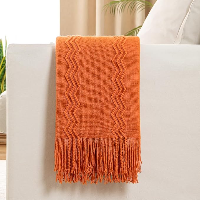 MIULEE Burnt Orange Knitted Throw Blanket for Couch Boho Textured Cozy Woven Blanket with Tassels for Sofa Chair Bed Living Room Fall Home Decor Farmhouse Acrylic Wave Pattern 50"x60"-Ruum Studio Home