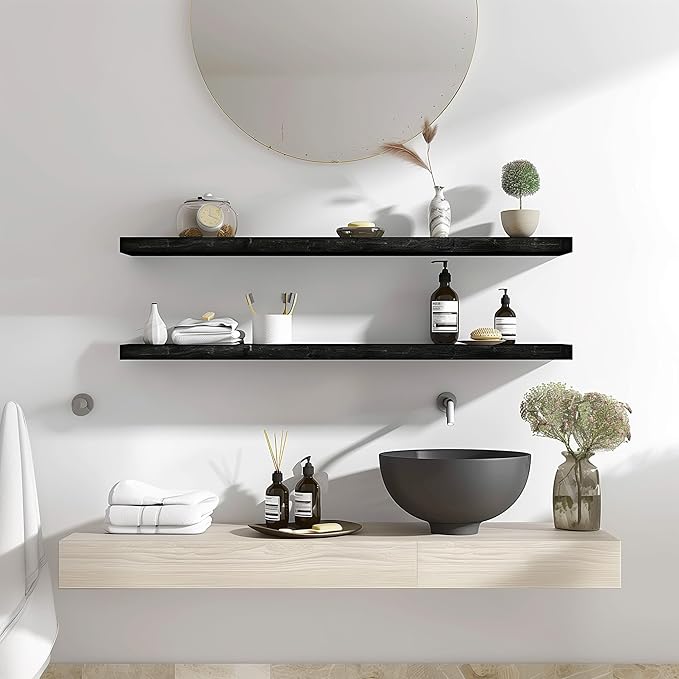 Wood Floating Shelves for Wall Decor, Rustic Wall Shelves for Bedroom Bathroom Kitchen Living Room, Set of 4 Black 36 Inch-Ruum Studio Home