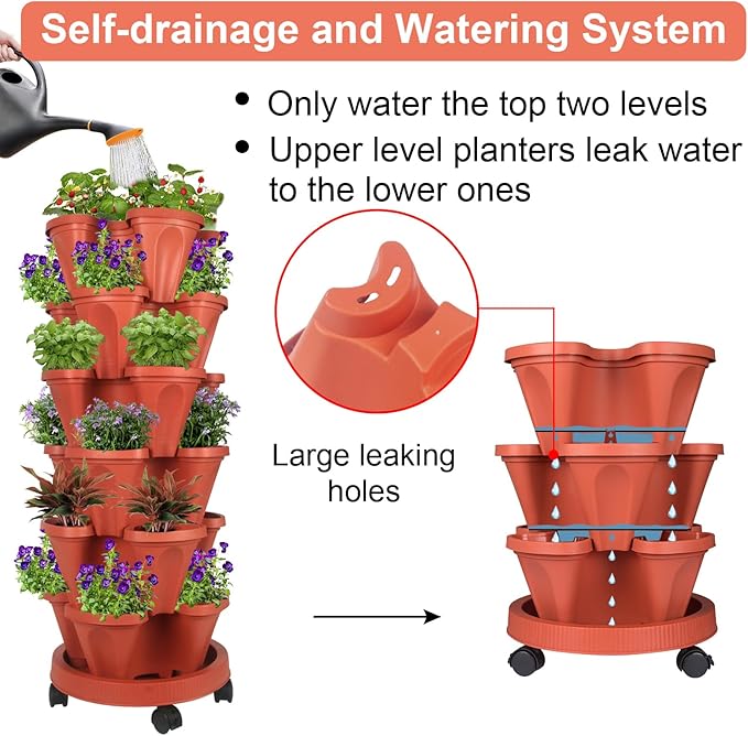 Vertical Planter 6 Tier Stackable Planters Garden Planters Strawberry Herb Flower and Vegetable Planter Indoor Outdoor Gardening Pots with Removable Wheels and Tools-Ruum Studio Home