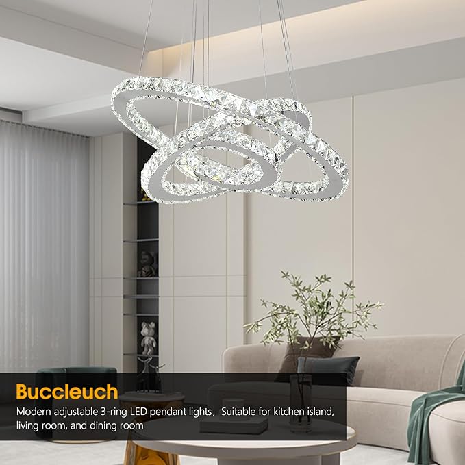 Buccleuch LED Crystal Chandeliers, Dimmable LED Pendant Light Fixture 3-Ring Adjustable Stainless Steel Ceiling Light, Silver Crystal Chandeliers for Dining Room, Bedroom, Living Room - ETL Listed-Ruum Studio Home
