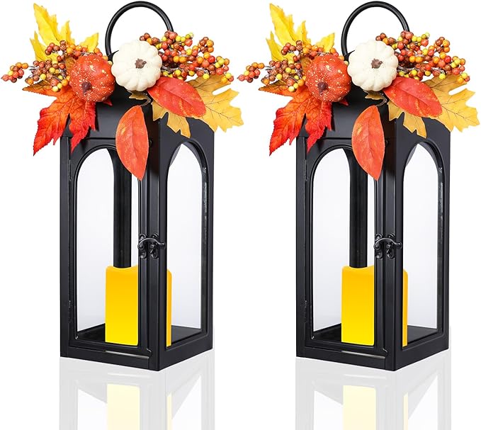 Bdor 2 Pack Fall Lanterns Decor with LED Candle – 16 Inch Harvest Pumpkin Maple Leaf Hanging Lantern for Autumn Thanksgiving Table Centerpiece Indoor Outdoor Decoration, Battery Operated-Ruum Studio Home