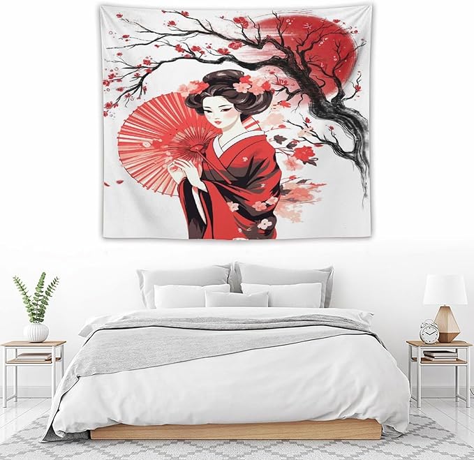 Japanese Red Geisha Tapestry Asian Cherry Blossom Traditional Kimono Folk Tapestries Home Decor for Living Room Bedroom Apartment Farmhouse Dorm 60"x50"-Ruum Studio Home