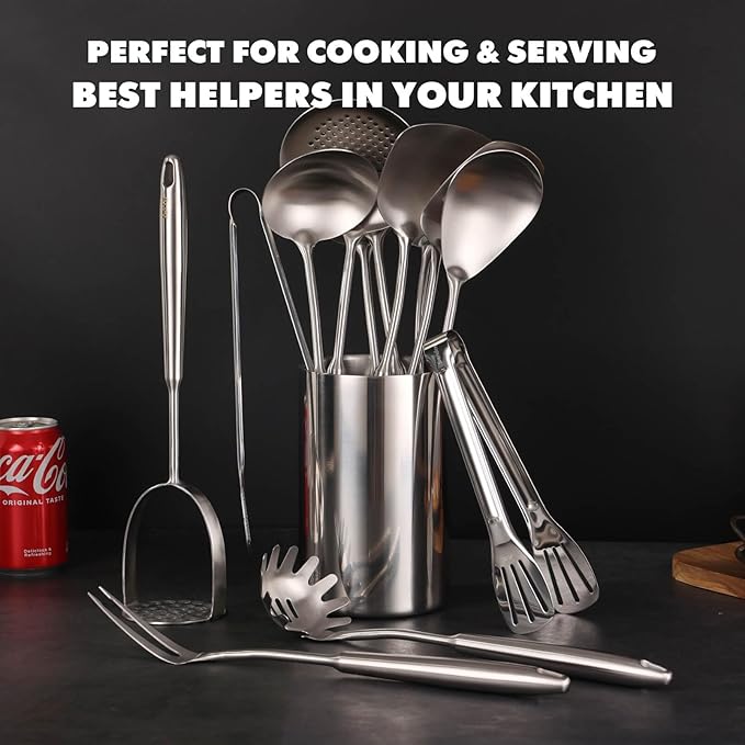 18/10 Stainless Steel Kitchen Utensils Set - 12 PCS All Metal Cooking Tools & 15″ Serving Utensils - Potato Masher, Meat Fork, Tongs, Turner, Pasta, Serving Spoon, Skimmer, Ladle, Spatula Spoon Set-Ruum Studio Home